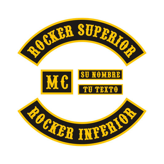 Set de Parches Motoclub: Rocker Superior + Inferior + MC + Nombre – Diseño Retro