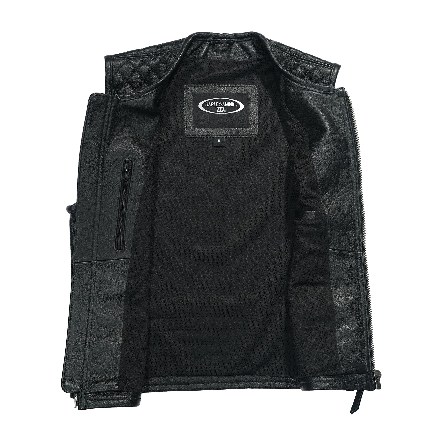 Vista frontal de chaleco biker en piel auténtica, hecho a medida para motoclubes RC.