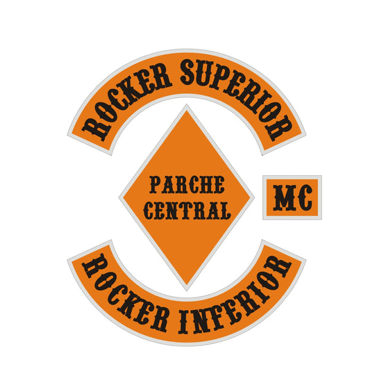 Set de parches espalda motoclub – 4 piezas bordadas: top rocker, bottom rocker, logo central y MC