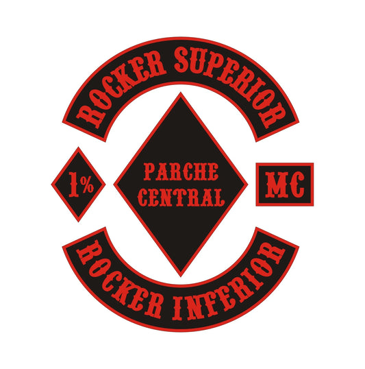 Set de parches bordados para chaleco MC: rocker superior, inferior, logo central, parche 1% y MC