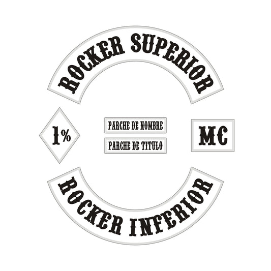 Diseño exclusivo de parches para moteros 1% en España: top rocker, bottom rocker, MC, 1%, nombre y título