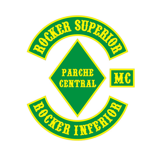 Set de parches espalda motoclub – 4 piezas bordadas: top rocker, bottom rocker, logo central y MC