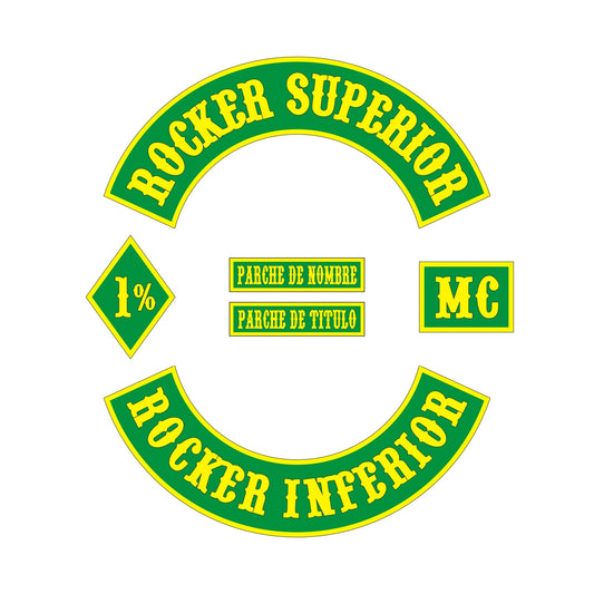 Kit completo de parches bordados personalizados para motoclub 1%: Top Rocker, Bottom Rocker, MC, Nombre y Título.