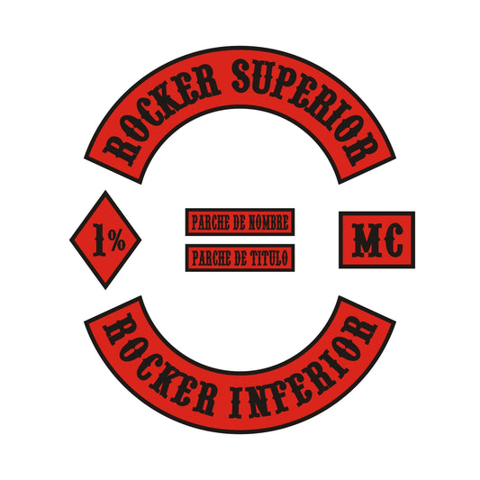 Parches personalizados para clubes de motos en España con rocker superior e inferior, MC patch, 1%, nombre y cargo