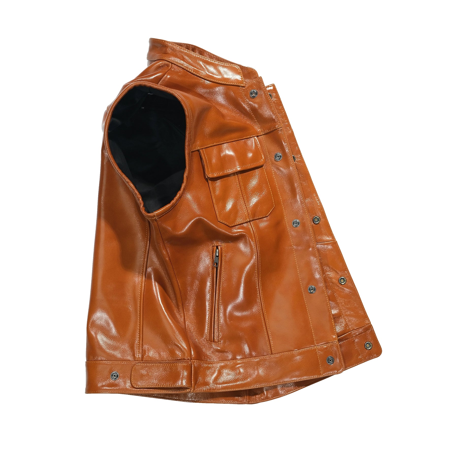Vista frontal de chaleco biker en piel de vaca con nombre y cargo bordados
