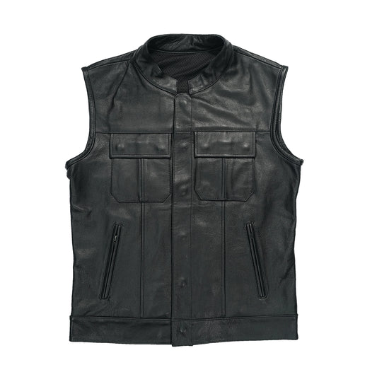 Chaleco biker de alta calidad, hecho a medida con cuero real y parches personalizados para moteros españoles.