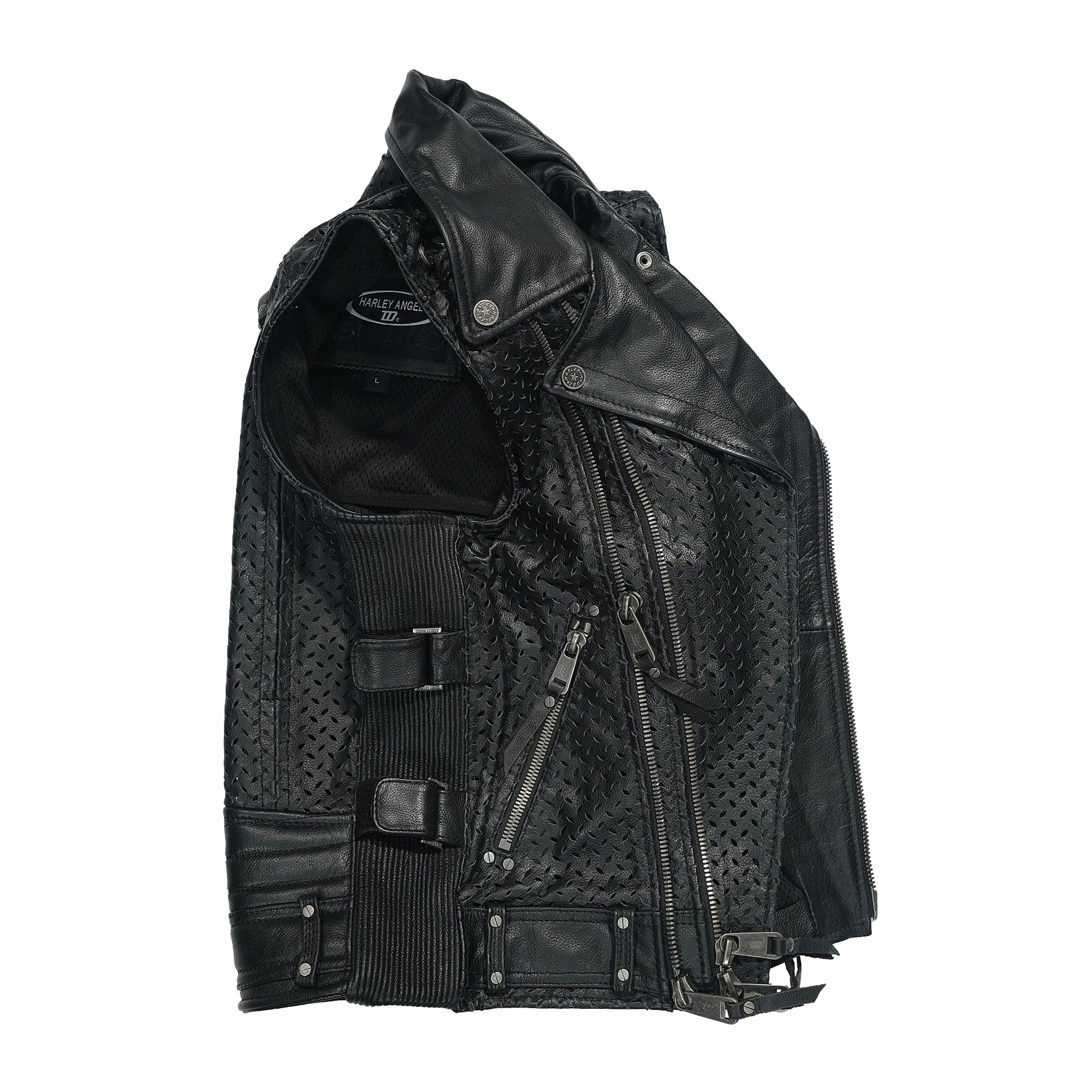 Modelo con chaleco de cuero para motoclub, personalizado con capítulo y ciudad.