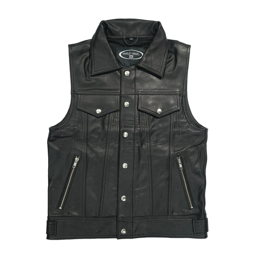 Chaleco motero negro en cuero auténtico personalizado con parches MC