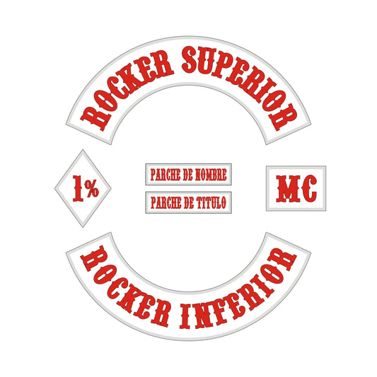 Diseño exclusivo de parches para moteros 1% en España: top rocker, bottom rocker, MC, 1%, nombre y título